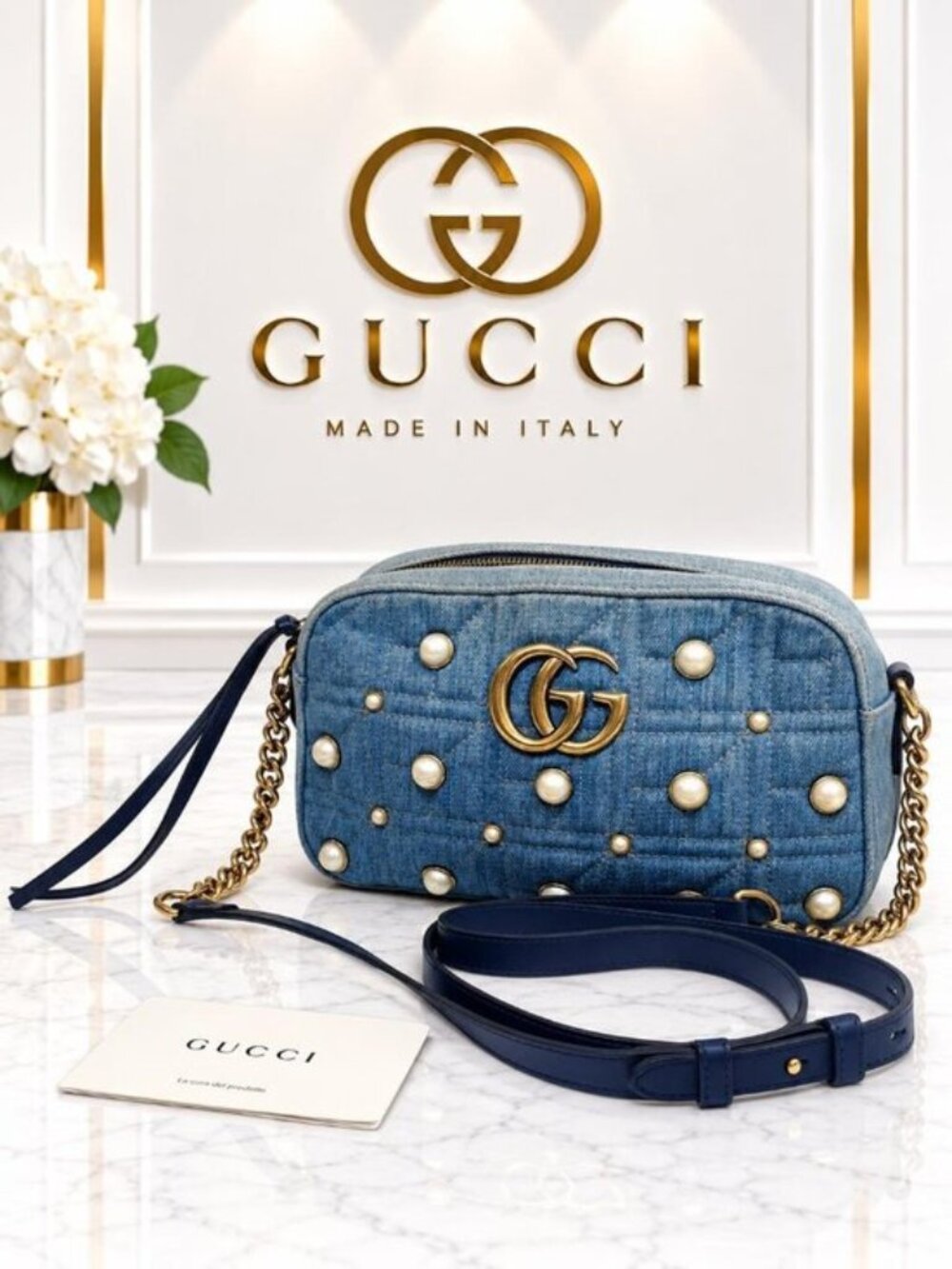 Authentic Gucci Marmont GG Pearl Denim Crossbody Camera Bag